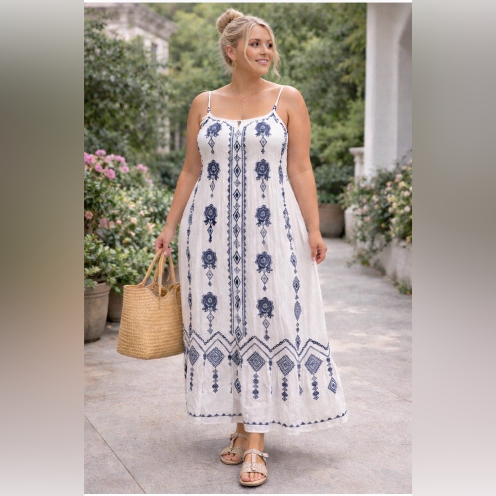NWT Savanna Jane  White and Navy Blue Floral Bohi Maxi Dress size 3X  🌸 SJ